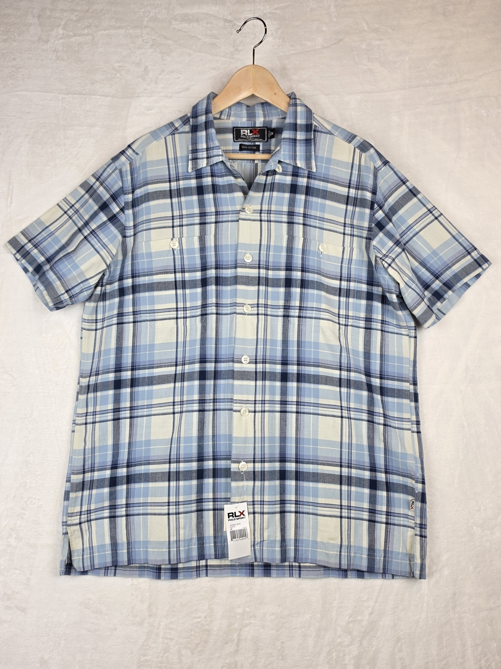 RLX Polo Sport Ralph Lauren‎ Camp Shirt Men's M Blue Plaid 100% Cotton NWT